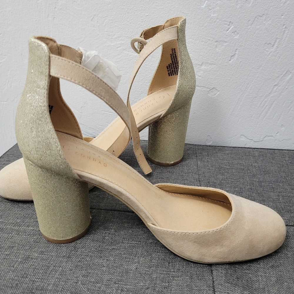 New LC Lauren Conrad Hydrangea Memory Foam Women's High Heel Shoes Gold Ss 9.5